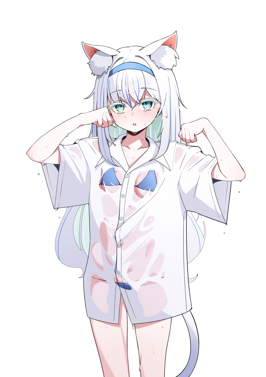 1girl absurdres animal_ears bikini bikini_under_clothes blue_bikini blue_hair blue_hairband breasts cat_ears cat_girl cat_tail green_eyes green_hair hairband highres long_hair looking_at_viewer multicolored_hair original paw_pose schwarz_rubin see-through_clothes see-through_shirt shirt short_sleeves simple_background small_breasts swimsuit tail wet wet_clothes wet_hair wet_shirt white_background white_hair white_shirt