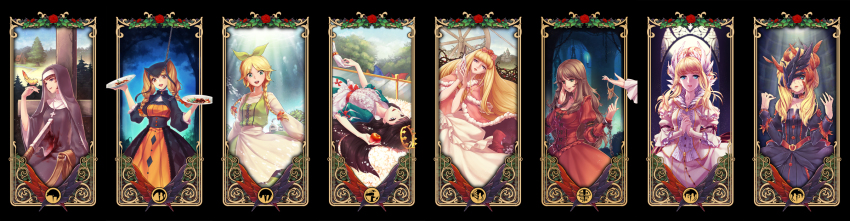 6+girls aohigeko apple apron art_nouveau axe bag bird bird_on_hand black_background black_dress black_hair blonde_hair blood blood_on_clothes blue_eyes bow braid brown_eyes brown_hair buranko_(marchen) cape column_lineup crack cross cross_necklace crown cuffs dornroeschen_(maerchen) dress elisabeth_von_wettin elyse_(sound_horizon) elysion feather_hair_ornament feathers flower food fruit fur_trim gloves green_eyes habit hair_bow hair_flower hair_ornament hair_ribbon headdress high_ponytail highres idoko jewelry key keyring lafrenze long_image looking_at_viewer lying maerchen_(sound_horizon) multiple_girls necklace noose nun nun_(marchen) on_back open_mouth pink_flower pink_rose ponytail puffy_sleeves purple_eyes red_dress red_flower red_rose ribbon rose schneewittchen_(maerchen) shackles sidelocks smile sound_horizon striped traditional_nun twin_braids twintails waist_apron weapon white_dress white_gloves wide_image yeruen