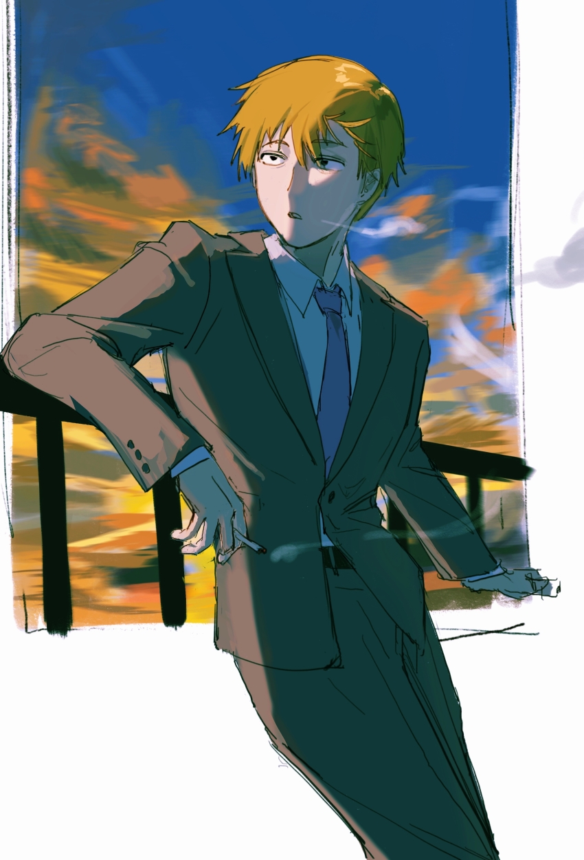 1boy absurdres against_railing baobing belt black_belt black_eyes blonde_hair blue_necktie chinese_commentary cigarette collared_shirt commentary_request cowboy_shot formal_clothes grey_jacket grey_pants highres holding holding_cigarette jacket lapels long_sleeves male_focus mob_psycho_100 necktie notched_lapels pants parted_lips railing reigen_arataka sanpaku shirt short_hair smoke solo suit variant_set white_shirt
