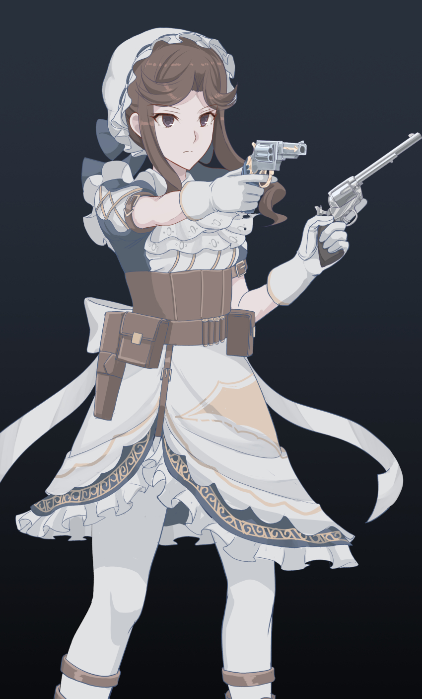 absurdres ammunition_pouch asymmetrical_skirt back_bow bow brown_hair cross-laced_clothes cross-laced_sleeves curtained_hair dress dual_wielding frilled_dress frills gloves gun handgun hat hat_bow highres holding holding_gun holding_weapon holster long_sidelocks mafia maid mob_cap nguyen_tam_lee official_alternate_costume pantyhose parted_bangs pouch revolver shoujo_kageki_revue_starlight shoujo_kageki_revue_starlight_-re_live- sidelocks simple_background tendou_maya weapon white_gloves white_pantyhose