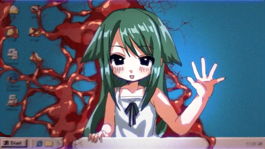 1girl bare_shoulders black_eyes blush desktop_(computing) dress flat_chest flesh green_hair hair_flaps icon_(computing) long_hair microsoft_windows saya_(saya_no_uta) saya_no_uta shinsekai_(z_o10) smile solo upper_body waving white_dress windows_95 windows_98 windows_classic