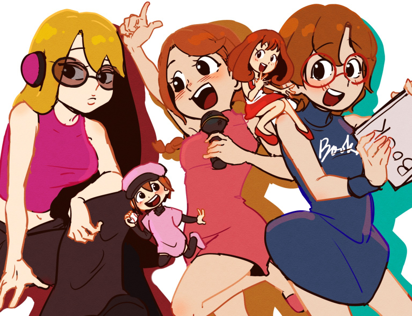5girls :d ametorin_(pixiv26156012) arm_on_knee baseball_cap black_eyes black_pants blonde_hair blue_shirt blue_skirt book braid brown_hair commentary dress glasses hakoiri_roku-nin_musume hat headphones holding holding_book holding_microphone idol_(rhythm_tengoku) long_hair looking_to_the_side microphone mini_person minigirl minna_no_rhythm_tengoku multiple_girls open_mouth pants pink_dress pink_hat pink_shirt pink_shoes pitcher_(rhythm_tengoku) pointing pointing_up red_dress red_hair red_shoes rhythm_tengoku rhythm_tengoku_gold shirt shoes short_hair size_difference skirt smile so&#039;ra sunglasses tosho_girls twin_braids