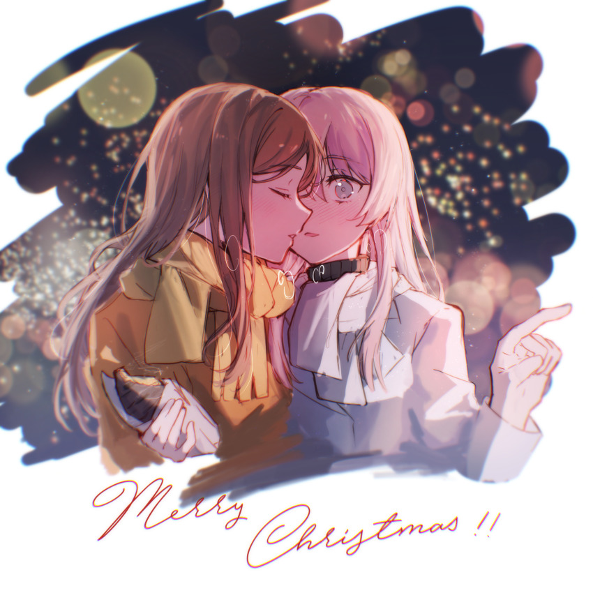 2girls bang_dream! bang_dream!_it&#039;s_mygo!!!!! blush brown_hair chihaya_anon closed_eyes coat commentary english_text food grey_eyes highres long_hair merry_christmas multiple_girls muonrei00 nagasaki_soyo night orange_coat outdoors parted_lips pink_hair roasted_sweet_potato scarf smile sweet_potato symbol-only_commentary white_coat yellow_scarf yuri