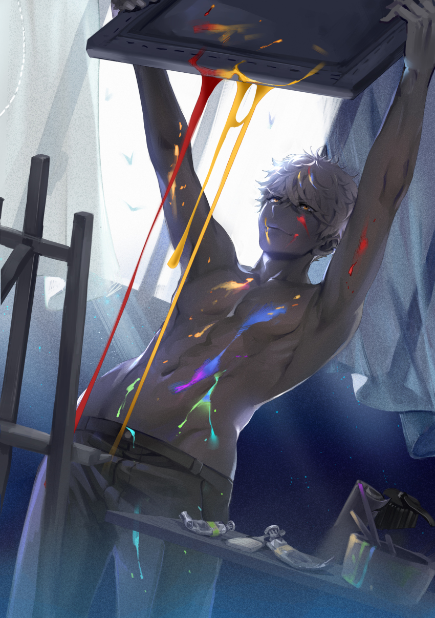 1boy absurdres ant blue_period bug canvas_(object) easel highres holding hy_(hungyu) indoors insect male_focus navel paint paint_tube short_hair topless_male white_hair yaguchi_yatora yellow_eyes