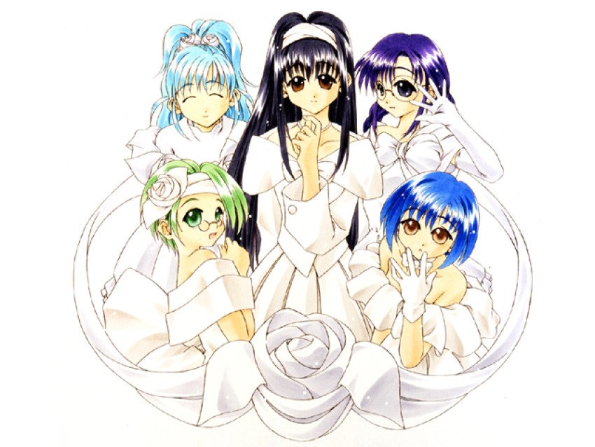 arm_up atelier-moo bare_shoulders black_hair blue_hair bob_cut braid brown_eyes celine_whitesnow cheryl_christia closed_eyes closed_mouth collarbone cowboy_shot craire_corraine diana_rainey dress glasses gloves green_eyes green_hair hair_ribbon long_hair long_sleeves looking_at_viewer medium_hair open_mouth purple_eyes purple_hair ribbon sheela_sheffield short_hair simple_background skirt smile standing upper_body wavy_hair white_background yuukyuu_gensoukyoku