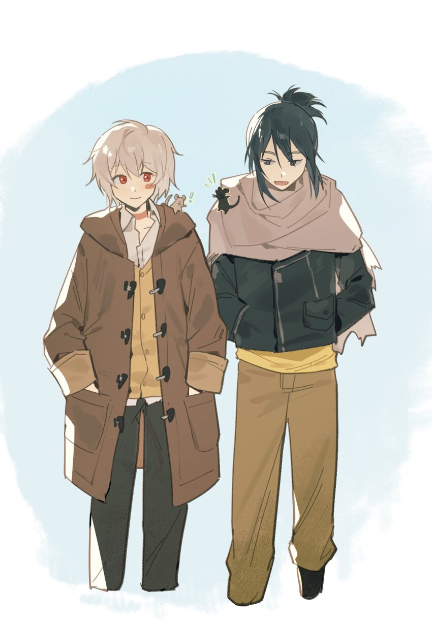 2boys animal animal_on_shoulder black_eyes black_hair black_jacket black_pants blue_background brown_jacket brown_pants closed_mouth collared_shirt cropped_legs hands_in_pockets high_ponytail highres jacket kanse0325 long_sleeves looking_at_another male_focus mouse_(animal) multiple_boys nezumi_(no.6) no.6 open_mouth pants pocket ponytail red_eyes scarf shion_(no.6) shirt short_hair short_ponytail simple_background smile standing two-tone_background vest white_background white_hair white_scarf white_shirt yellow_shirt yellow_vest