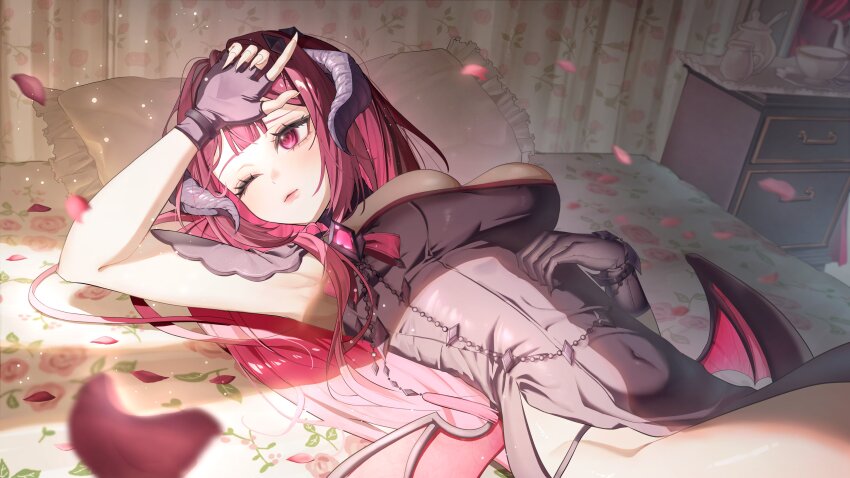 1girl absurdres asymmetrical_gloves black_dress black_gloves breasts closed_mouth commission covered_navel cup curtains demon_horns dress eyelashes fingerless_gloves floral_print fushi_yohaku gloves highres horns indie_virtual_youtuber lips long_hair lying mismatched_gloves on_back on_bed one_eye_closed pbjae pillow pink_eyes pink_hair rose_print single_fingerless_glove solo teacup vgen_commission virtual_youtuber