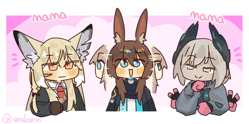 3girls amiya_(arknights) arknights blonde_hair blue_eyes brown_hair chibi dark_skin extra_arms fox_girl grey_hair hair_wings highres lcron looking_at_another multiple_girls orange_eyes rabbit_girl raidian_(arknights) smile the_weaker_sex_1_(gibson) upper_body vulpisfoglia_(arknights)