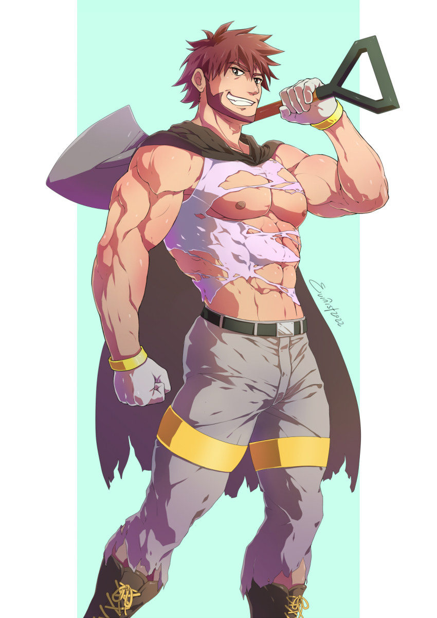 1boy 2022 abs artist_name bara belt brown_hair byron_(pokemon) cape clenched_hand commentary cross-laced_footwear evinist gloves grin highres holding holding_shovel large_pectorals looking_at_viewer male_focus muscular muscular_male navel nintendo nipples pants pectorals pokemon pokemon_dppt shovel simple_background smile solo tank_top teeth torn_clothes torn_tank_top variant_set white_tank_top