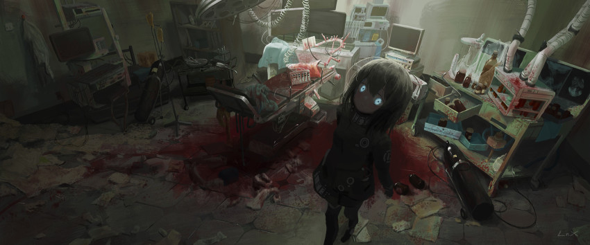 1girl 413 black_coat black_hair black_legwear blood blue_eyes bookshelf bottle cable closed_mouth coat commentary drawer english_commentary expressionless female_focus from_above gas_cylinder glowing glowing_eyes head_tilt highres horror_(theme) hospital indoors intravenous_drip jar long_sleeves looking_at_viewer looking_up monitor operating_table original oxygen_tank paper scissors signature solo standing table tagme test_tube tile_floor tiles wide_shot x-ray_film