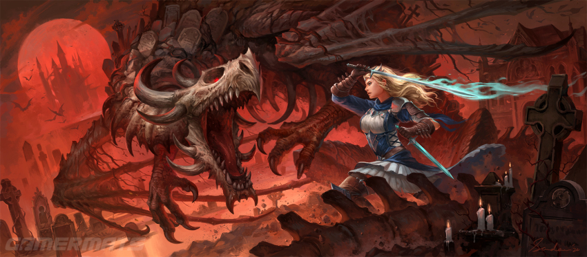1girl armor black_claws black_sky blonde_hair blue_dress blue_eyes blue_fire boots building candle castle circlet closed_mouth cloud cloudy_sky commentary commission copyright_logo cross-laced_clothes cross-laced_dress dagger dragon dragon_horns dress english_commentary fantasy fire flaming_sword flaming_weapon full_moon giant_skeleton gloves glowing graveyard holding holding_dagger holding_knife holding_sword holding_weapon horns knife layered_dress leather leather_armor leather_boots leather_gloves long_hair looking_at_animal moon original outdoors pauldrons profile red_eyes red_moon rerebrace sandara sharp_teeth shoulder_armor signature silver_circlet single_pauldron skeletal_wings skirt sky solo spine swinging_weapon sword teeth thigh_boots tombstone tower undead weapon white_skirt wings