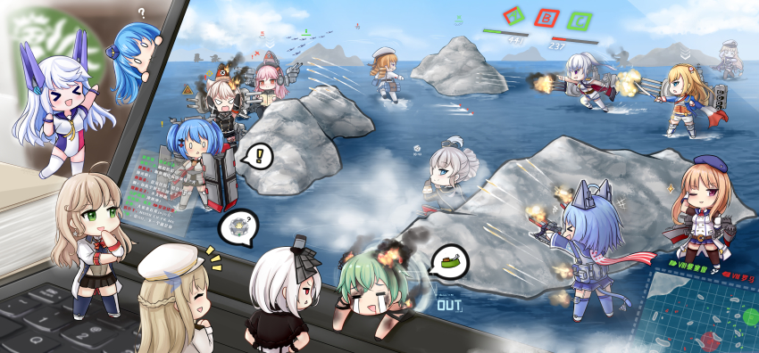 6+girls absurdres ahoge atlanta_(warship_girls_r) bismarck_(warship_girls_r) black_skirt blonde_hair blue_hair blue_headwear blue_skirt blue_tail braid cannon cat_tail chibi cleveland_(warship_girls_r) computer cross_hair_ornament crown_braid drill_hair earrings enterprise_(warship_girls_r) feather_hair_ornament flight_deck french_braid french_flag garrison_cap green_eyes green_hair grey_hair hair_ornament hat headgear headphones highres jewelry laptop le_fantasque_(warship_girls_r) lexington_(warship_girls_r) long_hair low-tied_long_hair machinery mini_hat mini_person minigirl miniskirt missouri_(warship_girls_r) multicolored_swimsuit multiple_girls pink_hair platinum_blonde_hair pleated_skirt ponytail prinz_eugen_(warship_girls_r) quincy_(warship_girls_r) red_eyes richelieu_(warship_girls_r) roma_(warship_girls_r) ship_turret short_hair skirt star_(symbol) star_earrings star_hair_ornament swimsuit swimsuit_under_clothes tail tirpitz_(warship_girls_r) twin_drills twintails vittorio_veneto_(warship_girls_r) warship_girls_r white_hair william.b world_of_warships