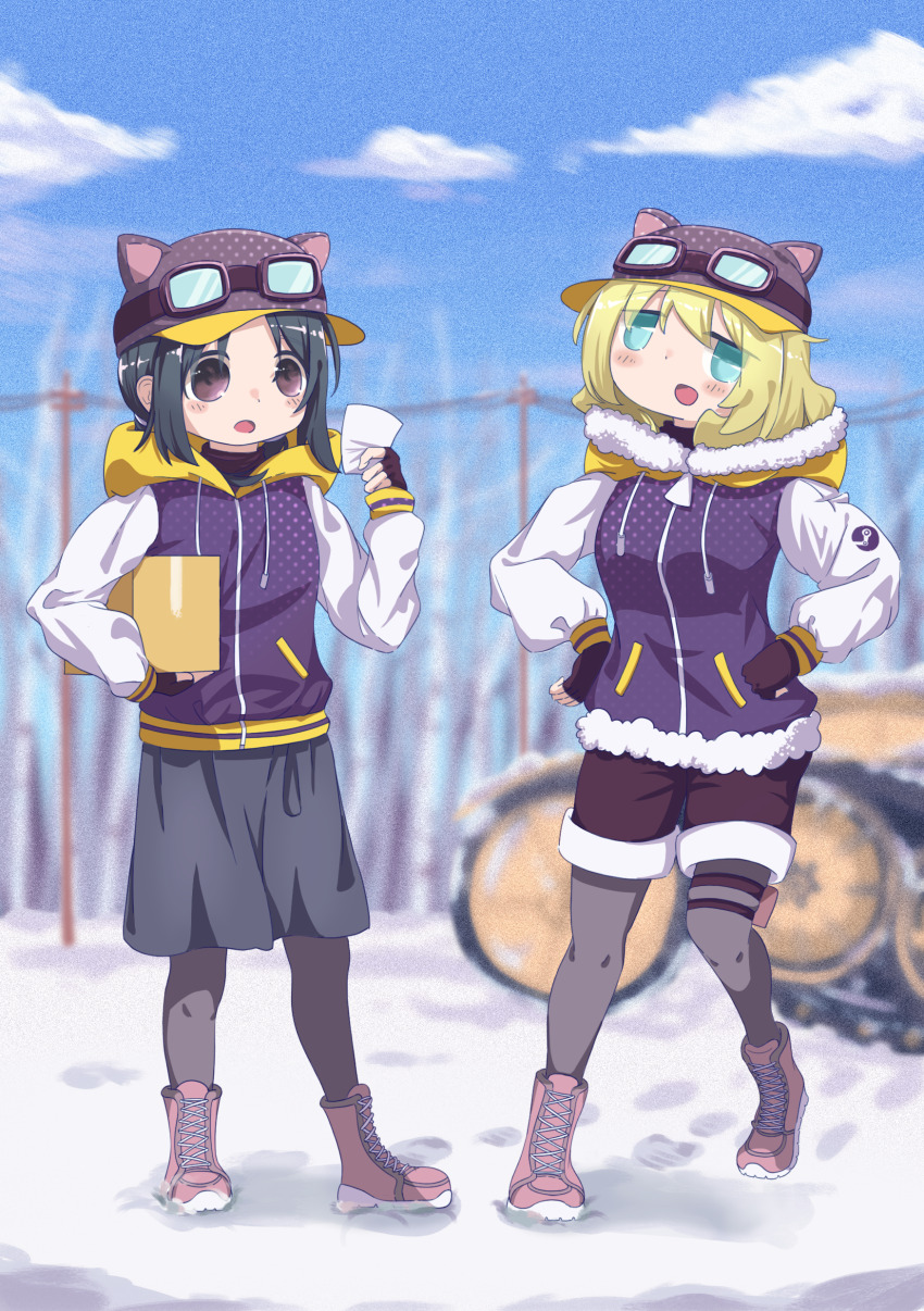 2girls absurdres black_gloves black_hair black_shorts black_skirt blonde_hair blue_eyes blue_sky blush boots box chinese_commentary chito_(shoujo_shuumatsu_ryokou) cloud commentary_request cosplay day fingerless_gloves full_body fur-trimmed_shorts fur_trim gloves goggles goggles_on_headwear grey_pantyhose hat highres holding holding_box jacket letterman_jacket looking_at_viewer medium_hair multiple_girls mushroomsucy open_mouth outdoors pantyhose pink_boots purple_eyes purple_hat purple_jacket short_hair shorts shoujo_shuumatsu_ryokou skirt sky smile standing steam_(platform) steam_delivery_girl steam_delivery_girl_(cosplay) white_sleeves yuuri_(shoujo_shuumatsu_ryokou)