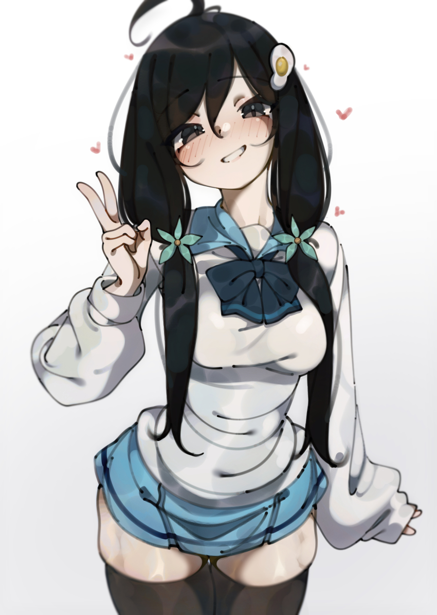 1girl absurdres ahoge araragi_tsukihi arm_at_side black_eyes black_hair black_thighhighs blue_bow blue_bowtie blue_skirt blush bow bowtie breasts closed_mouth commentary cowboy_shot deko_morii egg_hair_ornament flower food-themed_hair_ornament green_flower grin hair_between_eyes hair_flower hair_ornament hand_up heart highres legs_together long_hair long_sleeves looking_at_viewer low_twintails medium_breasts monogatari_(series) orokamonogatari pleated_skirt school_uniform shirt simple_background skirt sleeves_past_wrists smile solo standing thighhighs tsuganoki_second_junior_high_school_uniform twintails v white_background white_shirt