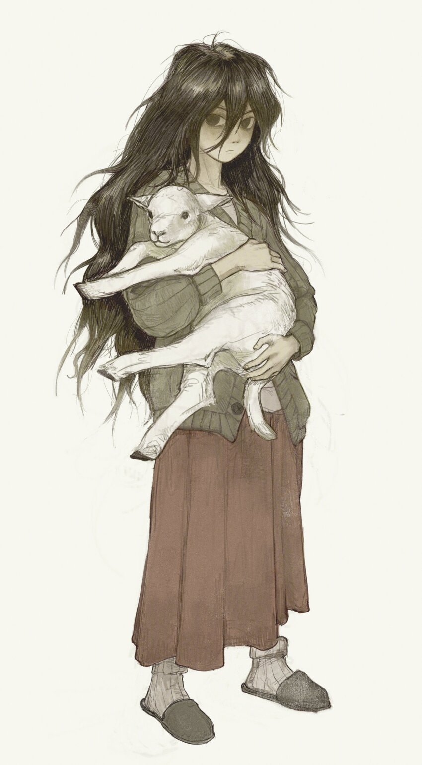 1girl absurdres animal black_eyes black_hair black_slippers closed_mouth goat highres holding holding_animal long_skirt monlopolo original pleated_skirt red_skirt skirt slippers socks solo white_socks