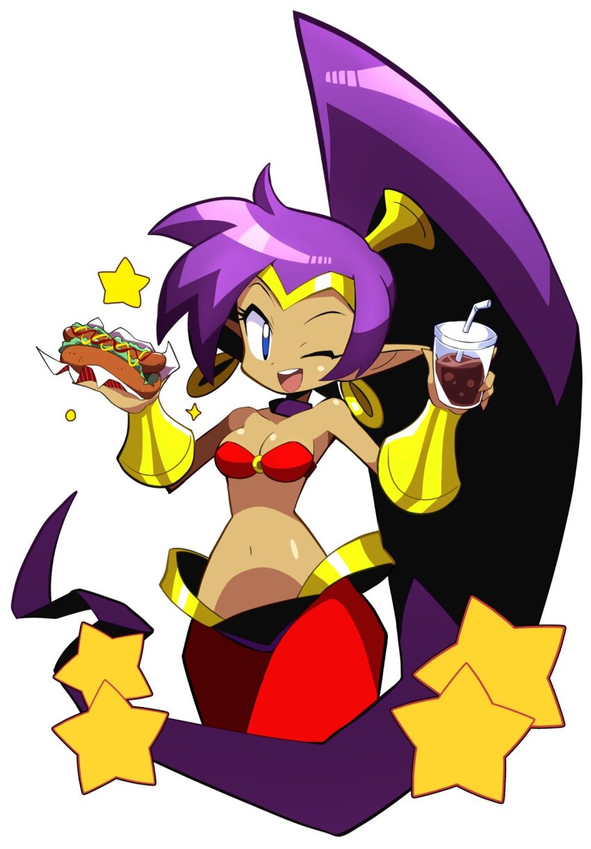 arms_up blue_eyes bracelet breasts choker cleavage cup dark-skinned_female dark_skin disposable_cup earrings food gold_bracelet gold_earrings highres hot_dog jewelry navel one_eye_closed open_mouth pointy_ears ponytail purple_hair sakurajyousui_nami shantae shantae_(series) smile soda