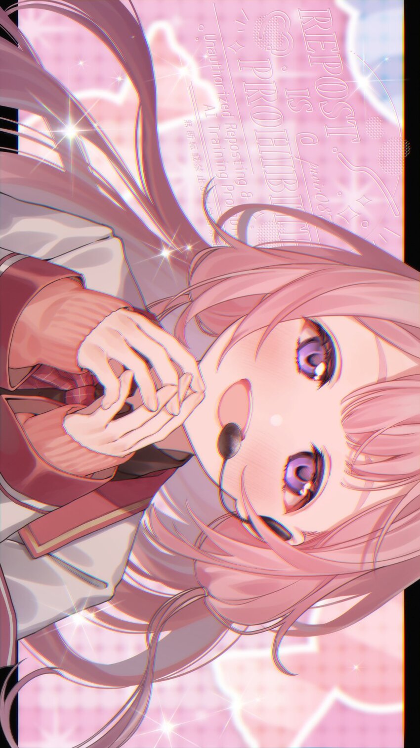 1girl :d artist_name black_shirt blurry blurry_background blush bow bowtie brown_cardigan cardigan chromatic_aberration collared_shirt double-parted_bangs earpiece hair_between_eyes hands_up hashtag-only_commentary heart highres jacket kaburagi_(pnoir087) lapels long_hair long_sleeves looking_at_viewer low_twintails microphone nijisanji open_clothes open_jacket open_mouth own_hands_together pink_background pink_hair plaid_bow plaid_bowtie plaid_clothes purple_eyes red_bow red_bowtie school_uniform selene_girls_school_uniform shirt sidelocks sideways sleeves_past_wrists smile solo sparkle suo_sango suo_sango_(1st_costume) teeth twintails twitter_username upper_body upper_teeth_only virtual_youtuber watermark white_jacket