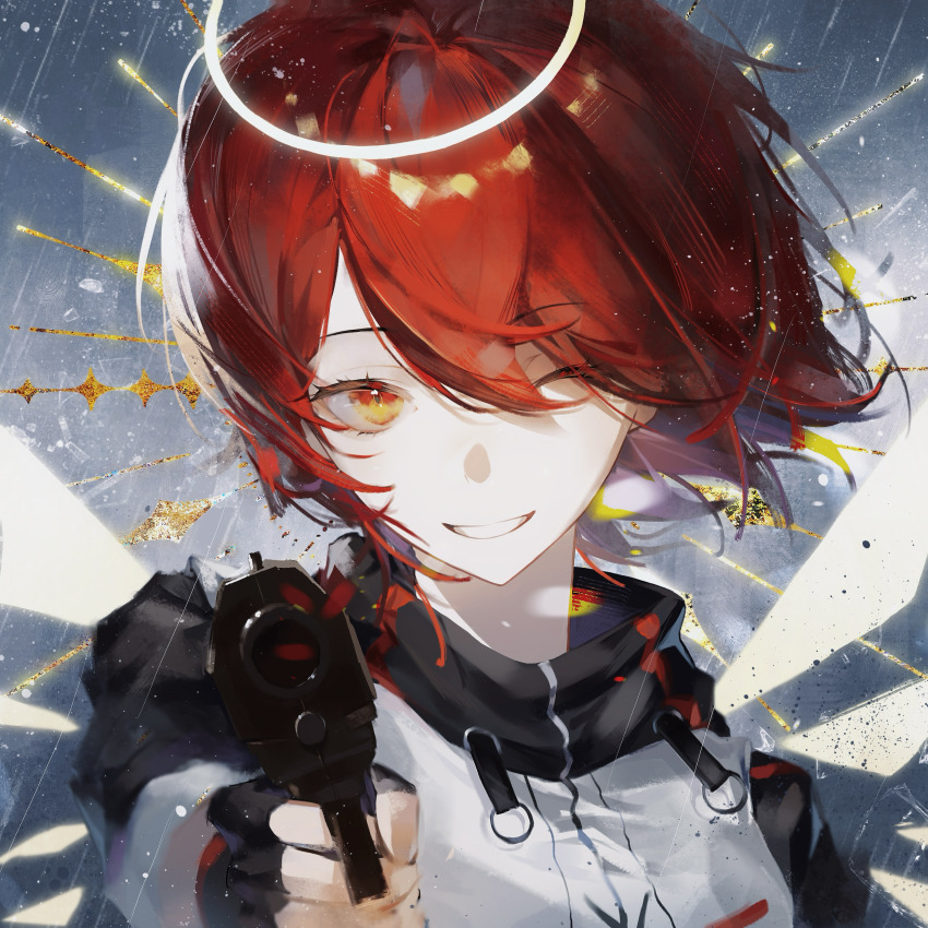 1girl ;) absurdres aiming aiming_at_viewer angel arknights black_gloves black_shirt chinese_commentary detached_wings energy_wings exusiai_(arknights) fingerless_gloves gloves grey_background grin gun hair_over_one_eye halo handgun highres holding holding_gun holding_weapon jacket looking_at_viewer multicolored_eyes one_eye_closed portrait raglan_sleeves red_eyes red_hair shirt short_hair smile solo traditional_halo two-tone_eyes weapon white_jacket wings yellow_eyes zhiqizhe06570