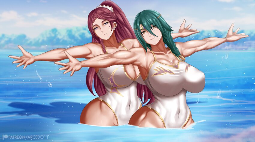 2girls absurdres alternate_costume arcedo breasts cleavage covered_navel fire_emblem fire_emblem_heroes green_hair highres huge_breasts lake loki_(fire_emblem) loki_(trickster_god)_(fire_emblem) matching_outfits multiple_girls muscular muscular_female nintendo one-piece_swimsuit outdoors outstretched_arms partially_submerged patreon_logo ponytail purple_eyes purple_hair smile splashing swimsuit synchronized_swimming thorr_(fire_emblem) toned toned_female water watermark white_one-piece_swimsuit yellow_eyes