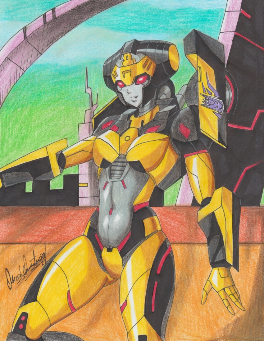 1girl absurdres breasts crotch_plate curvy decepticon fang helmet highres humanoid_robot insignia medium_breasts metal_skin ravernclouk_design red_eyes robot robot_girl solo transformers trickdiamond