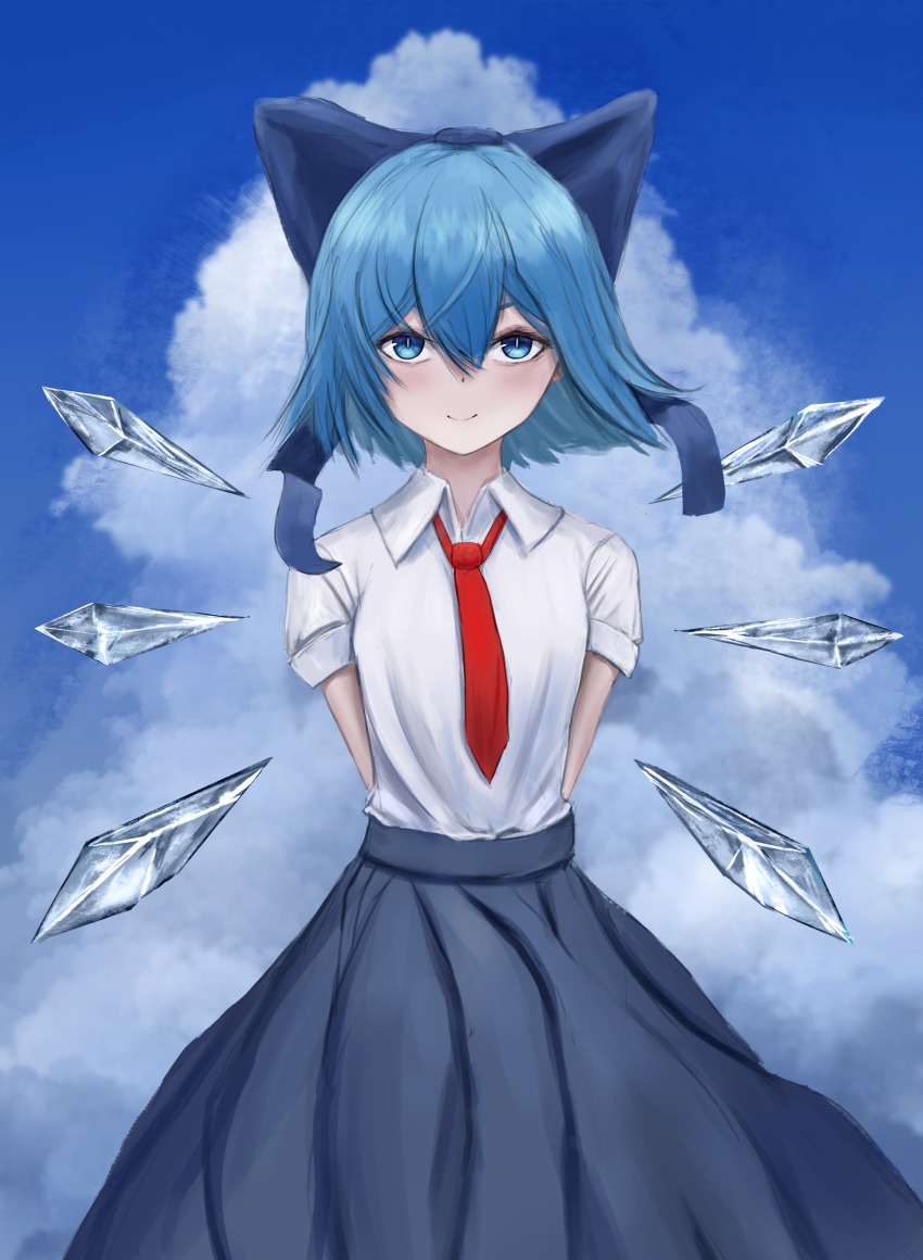 1girl absurdres arms_behind_back blue_bow blue_eyes blue_hair blue_sky bow cirno closed_mouth cloud collared_shirt hair_between_eyes hair_bow highres ice ice_wings necktie pleated_skirt red_necktie shirt shirt_tucked_in short_hair short_sleeves skirt sky smile solo thefatum touhou white_shirt wings