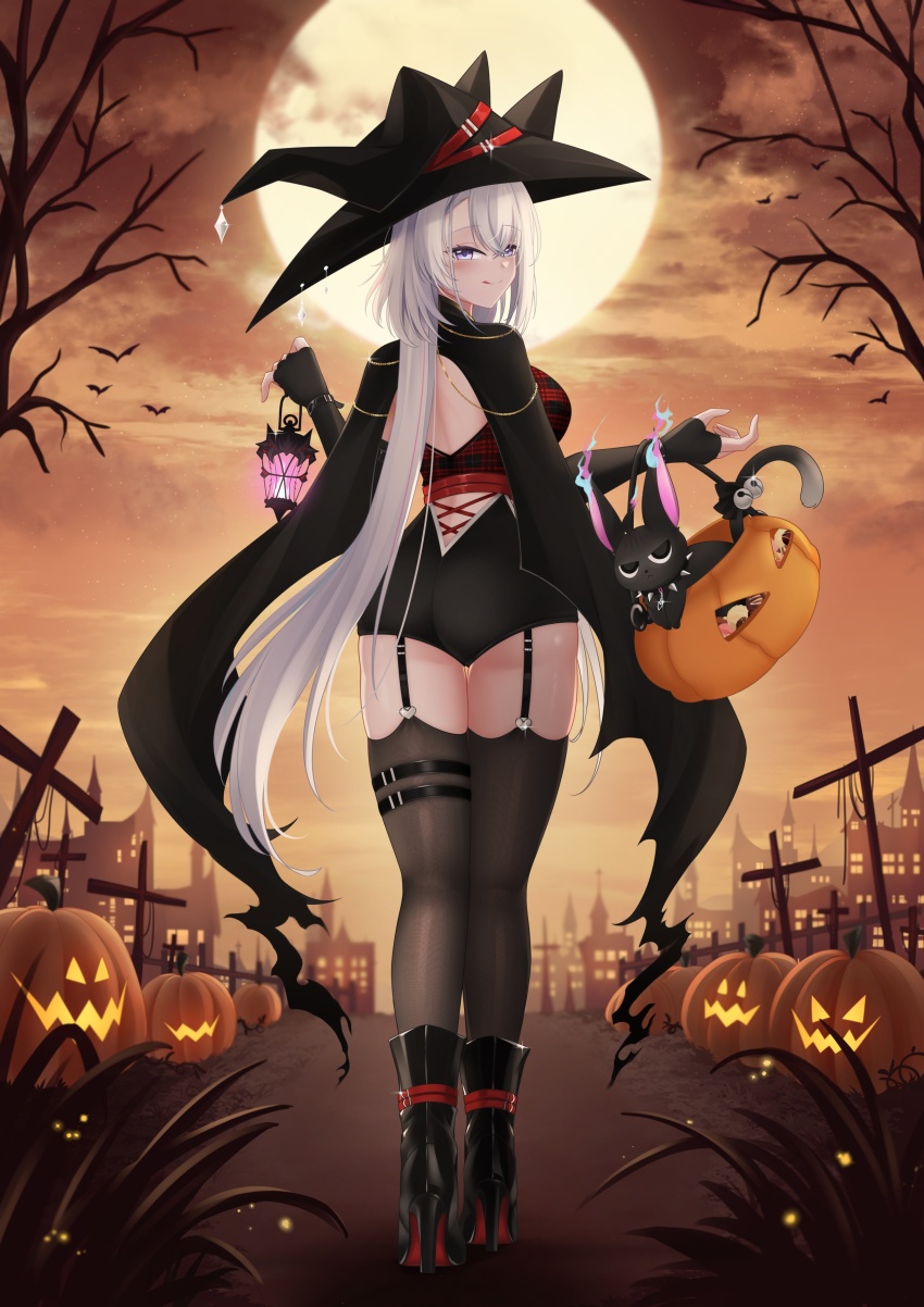 1girl absurdres animal bare_tree bat_(animal) bell black_boots black_garter_straps black_gloves black_hat blue_fire boots bra breasts building collar cross ember_amane fingerless_gloves fire food from_behind garter_straps gloves grey_hair halloween hat high_heel_boots high_heels highres holding holding_lantern jack-o&#039;-lantern lantern long_hair looking_back made_in_2024 multicolored_hair phase_connect pink_hair plaid_bra plaid_clothes purple_eyes red_bra rika_ryne riririkaryne sky solo spiked_collar spikes streaked_hair tail tail_bell tail_ornament thigh_strap thighhighs tongue tree underwear virtual_youtuber witch_hat
