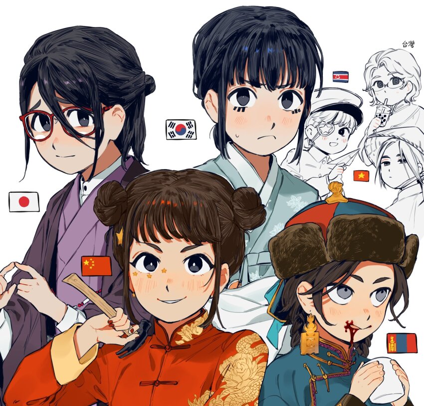 6+girls blood blue_hanbok blue_tunic blush bubble_tea china chinese_clothes double_bun earrings embroidery eyepatch eyeshadow glasses gold_trim hair_bun hammer hanbok hat highres index_fingers_together japan japanese_clothes jewelry kimono korea makeup mongolia multiple_girls nanimonothing north_korea original personification purple_kimono south_korea straw_hat tangzhuang traditional_clothes tunic vietnam