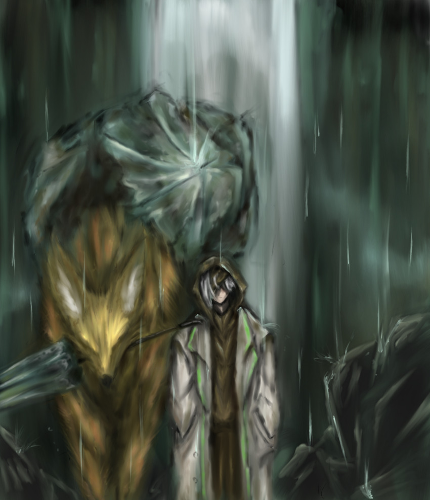 1girl animal animal_ear_fluff brown_coat brown_fur coat commentary_request dongbaek_(project_moon) drifting_fox e.g.o_(project_moon) fox grey_hair hands_in_pockets hen_na highres hood hood_up korean_commentary lab_coat limbus_company mouth_hold open_clothes open_coat outdoors oversized_animal project_moon rain short_hair standing sunshower_(e.g.o) umbrella white_coat