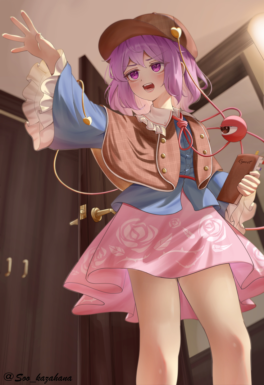 1girl absurdres blue_shirt brown_capelet brown_hat capelet commentary_request contemporary door floral_print floral_print_skirt frilled_sleeves frills hat highres holding holding_phone komeiji_satori open_mouth phone pink_hair pink_skirt print_skirt purple_eyes rose_print shirt short_hair skirt solo soo_kazahana teeth third_eye touhou