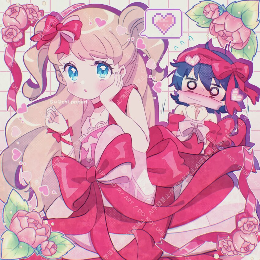 2girls :o alternate_hair_color arm_ribbon bare_shoulders blonde_hair blue_eyes blue_hair blush bound bound_wrists bow chii_(chi_pppuri) choker clenched_hand clenched_hands copyright_notice double_bun dress drop_shadow facing_viewer flower grid_background hair_bow hair_bun hand_on_own_cheek hand_on_own_face hands_up heart highres kanamori_maria kiratto_pri_chan kurokawa_suzu large_bow long_hair multiple_girls o_o parted_lips pink_dress pink_flower pretty_series raised_eyebrows red_bow red_choker red_ribbon ribbon short_hair sleeveless sleeveless_dress sweat two_side_up watermark wavy_hair wrist_bow