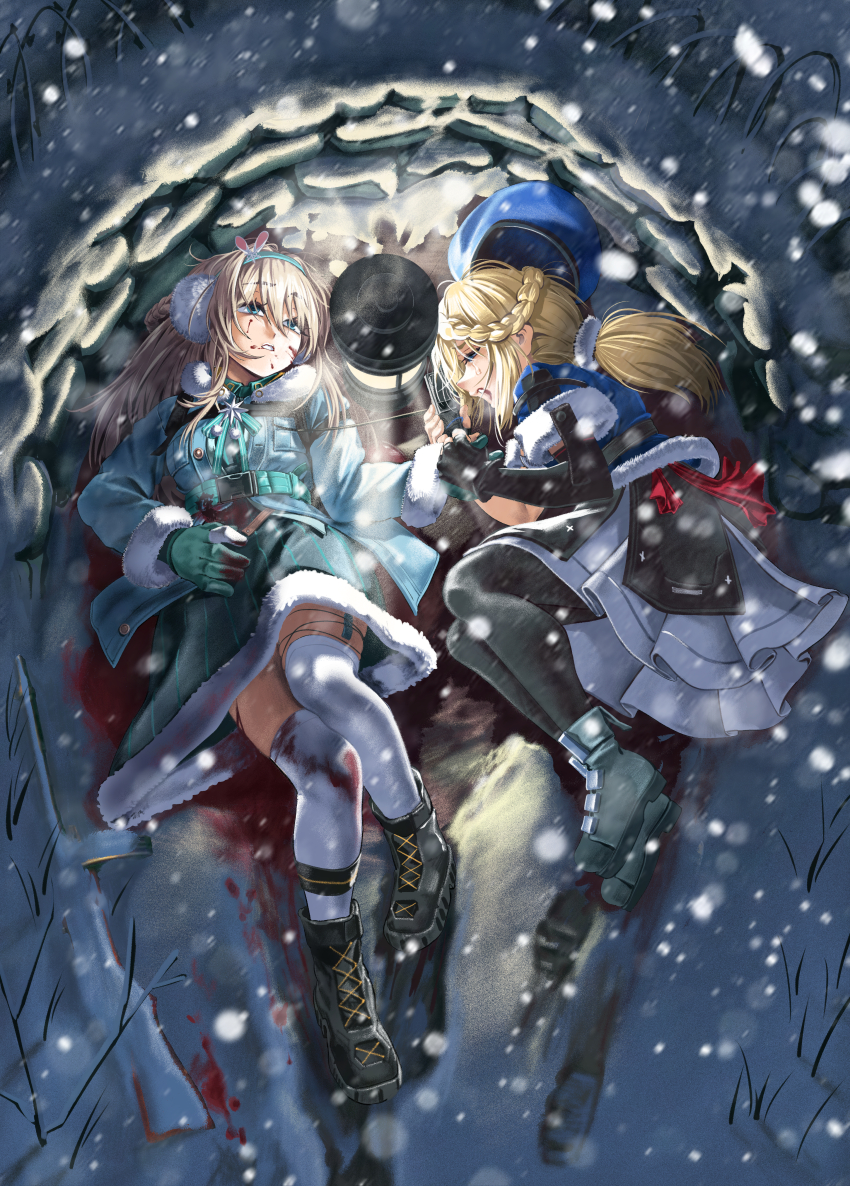 2girls absurdres aqua_skirt barbed_wire beret bleeding blonde_hair blood blood_on_clothes blood_on_face blue_eyes blue_gloves blue_hat blue_jacket boots chtv closed_eyes cross-laced_footwear earmuffs full_body fur-trimmed_jacket fur_trim girls&#039;_frontline girls&#039;_frontline_2:_exilium gloves gun hair_ornament hair_scrunchie hat highres holding holding_hands holding_radio holding_walkie-talkie jacket lamp lying multiple_girls on_back on_side papasha_(girls&#039;_frontline_2) parted_lips pool_of_blood ppsh-41_(girls&#039;_frontline) sandbag scrunchie skirt snow striped_clothes striped_skirt submachine_gun suomi_(girls&#039;_frontline) suomi_(girls&#039;_frontline_2) suomi_kp/-31 thighhighs vertical-striped_clothes vertical-striped_skirt walkie-talkie weapon white_skirt white_thighhighs winter winter_clothes