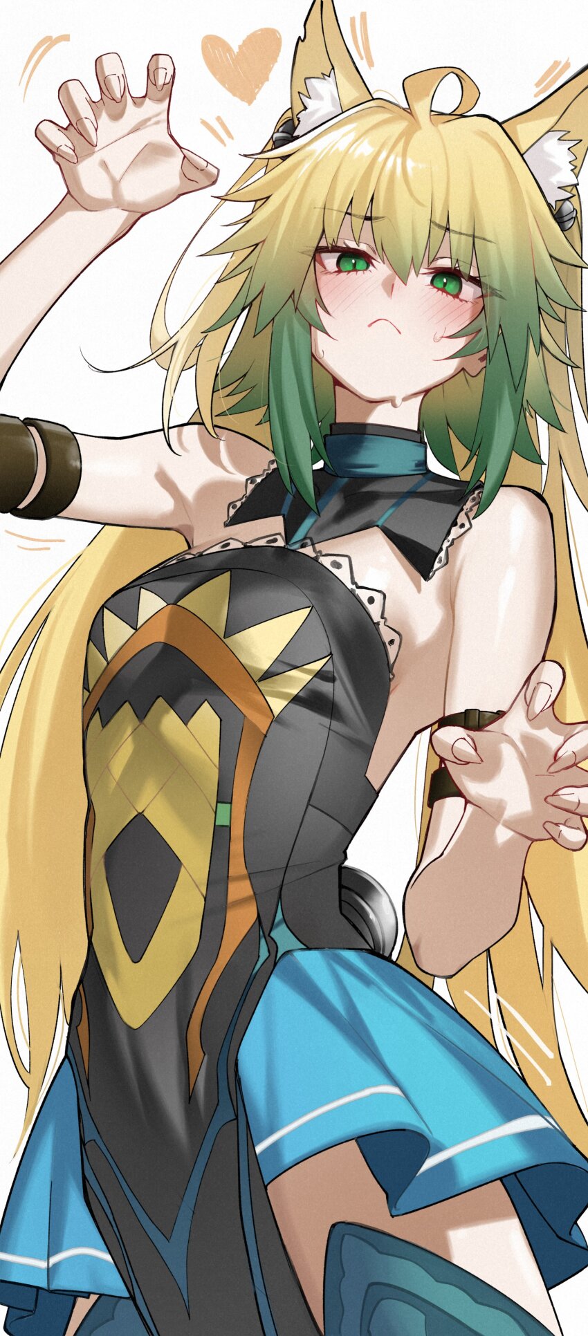 1girl absurdres ahoge animal_ear_fluff animal_ears arm_strap atalanta_(fate) bare_shoulders blonde_hair blue_boots blush boots breasts colored_tips detached_collar dress fate/apocrypha fate_(series) green_eyes green_hair highres kamisato_sora looking_at_viewer multicolored_hair paw_pose slit_pupils small_breasts solo thigh_boots thighhighs white_background zettai_ryouiki