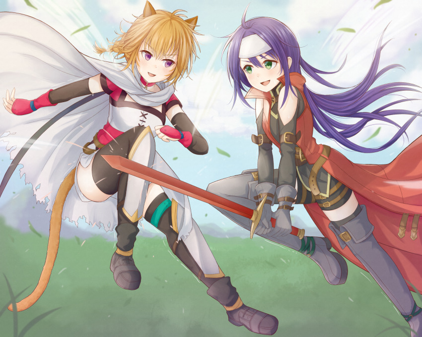 2girls atorie boots cape cat_girl commission duel fire_emblem fire_emblem:_radiant_dawn gloves green_eyes hairband headband highres leggings lyre_(fire_emblem) mia_(fire_emblem) multiple_girls nintendo pixiv_commission purple_hair smile spar tail thigh_boots