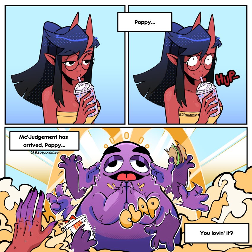 1boy 1girl 3koma absurdres artist_name burger character_request choccomori clapping cloud cloudy_sky colored_skin comic commentary copyright_request demon_girl demon_horns english_commentary english_text food glasses grimace_(mcdonald&#039;s) grimace_shake_(meme) heaven highres horns mcdonald&#039;s meme red_skin sky sweat