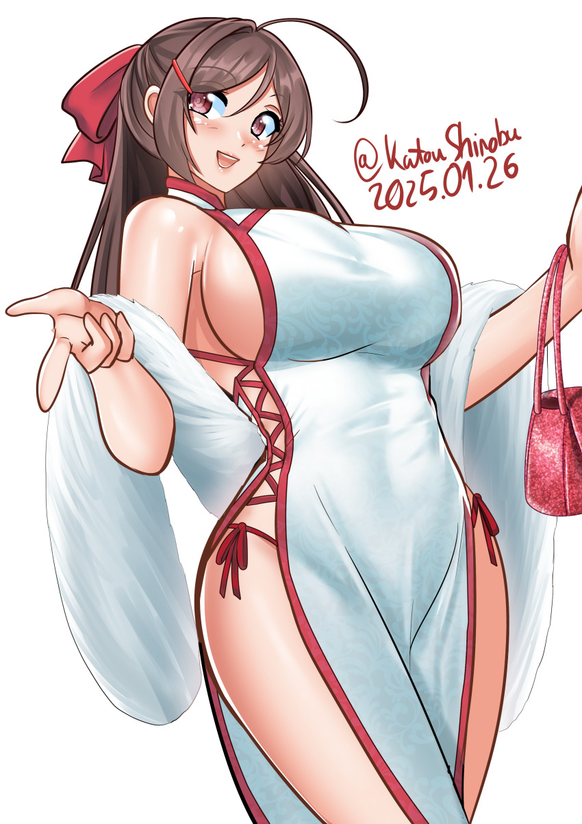 1girl absurdres ahoge bag breasts brown_hair china_dress chinese_clothes commentary cowboy_shot dated dress english_commentary fur_shawl half_updo handbag highres kantai_collection katou_shinobu large_breasts long_hair mamiya_(kancolle) mandarin_collar one-hour_drawing_challenge red_eyes shawl side-tie_dress simple_background smile solo twitter_username white_background white_shawl