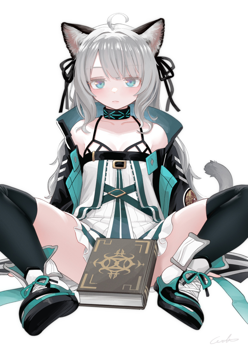 1girl absurdres ahoge animal_ear_fluff animal_ears arknights bare_shoulders black_jacket black_ribbon black_thighhighs blue_eyes book breasts cat_ears cat_girl cat_tail closed_mouth collarbone commentary_request dress grey_hair hair_intakes hair_ribbon highres jacket long_hair m_legs mint_(arknights) open_clothes open_jacket ribbon shoes simple_background sleeveless sleeveless_dress small_breasts sneakers solo spread_legs tail thighhighs very_long_hair welt_(kinsei_koutenkyoku) white_background white_dress white_shoes