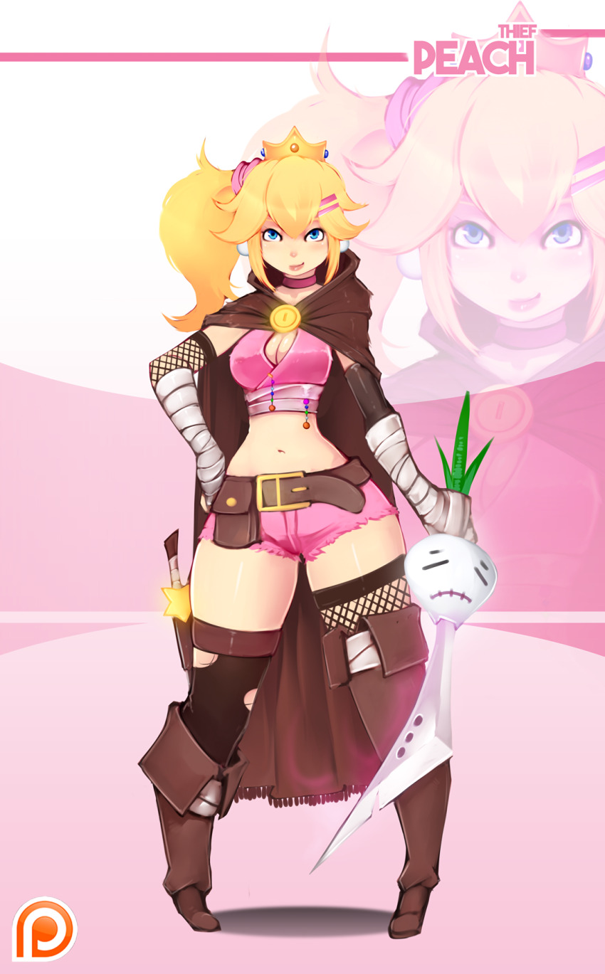 1girl blonde_hair blue_eyes breasts cleavage hand_on_own_hip highres large_breasts legs looking_at_viewer mario_(series) midriff navel nintendo ponytail princess princess_peach rush_(rush-it) rush_it shorts smile solo super_smash_bros. sword thighs turnip weapon
