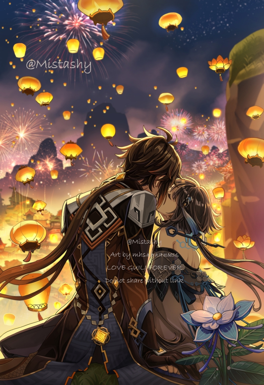 absurdres architecture bare_shoulders black_gloves brown_hair buzhidaogaishenmeming90675 chinese_clothes chinese_hairpin couple dress east_asian_architecture fireworks formal_clothes genshin_impact glaze_lily gloves grey_hair guizhong_(genshin_impact) hair_between_eyes hair_ornament halter_leotard halterneck hanfu highres holding_hands imminent_kiss jacket lantern leotard long_hair long_sleeves multicolored_hair night outdoors paper_lantern ponytail sitting sky sky_lantern suit tassel tassel_hair_ornament vision_(genshin_impact) watermark white_dress zhongli_(genshin_impact)