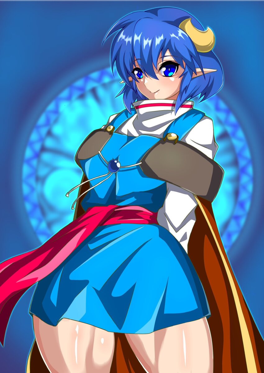 1girl arutesu_ara blue_eyes blue_hair cape closed_mouth crescent crescent_hair_ornament hair_ornament highres pointy_ears red_cape rena_lanford short_hair skirt smile solo star_ocean star_ocean_ex star_ocean_the_second_story thick_thighs thighs