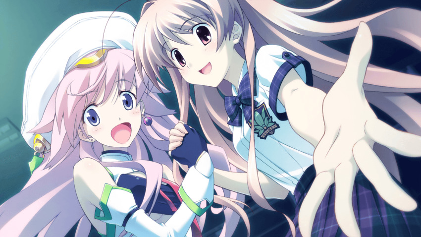 2girls antenna_hair bandeau bare_shoulders beads black_arm_garter black_bandeau black_gloves blush bow bowtie breast_pocket breasts chaos;head chaos;head_love_chu_chu! cleavage cleavage_cutout clothing_cutout collared_shirt constricted_pupils costume detached_sleeves dutch_angle earrings fingerless_gloves fingernails from_below game_cg gloves gold_hairband hairband happy hat holding_hands indoors interlocked_fingers jewelry long_hair looking_at_viewer magical_girl matsuo_yukihiro medium_breasts miniskirt mismatched_earrings multiple_girls night non-web_source official_art open_mouth palms pink_eyes pink_hair plaid_bow plaid_bowtie plaid_clothes plaid_skirt plaid_sleeves pleated_skirt pocket purple_bow purple_bowtie purple_eyes purple_skirt purple_trim reaching reaching_towards_viewer sakihata_rimi school_emblem school_uniform seira_orgel shiny_eyes shiny_skin shirt short_sleeves skirt small_breasts smile suimei_academy suimei_school_uniform suimei_summer_uniform tongue underboob underboob_cutout white_hat white_shirt white_sleeves