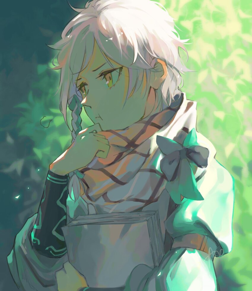 1boy anocurry braid clanne_(fire_emblem) closed_mouth fire_emblem fire_emblem_engage highres holding long_sleeves looking_to_the_side male_focus nintendo paper pout ribbon scarf short_hair solo white_hair yellow_eyes