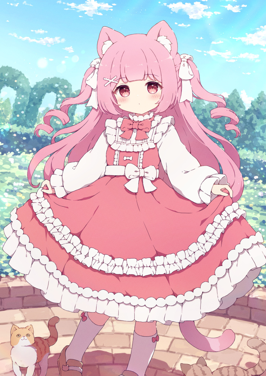 1girl animal_ear_fluff animal_ears blunt_bangs blush bow bow_legwear bowtie cat cat_ears cat_girl cat_tail closed_mouth commentary commission day dot_mouth dress foot_out_of_frame frilled_dress frilled_sleeves frills garden hair_ornament hair_ribbon highres long_hair long_sleeves looking_at_viewer original outdoors pink_bow pink_bowtie pink_dress pink_eyes pink_hair pink_tail ribbon shoes skeb_commission skirt_hold socks solo standing tail two_side_up tyomimas waist_ribbon white_bow white_ribbon white_socks x_hair_ornament yellow_shoes