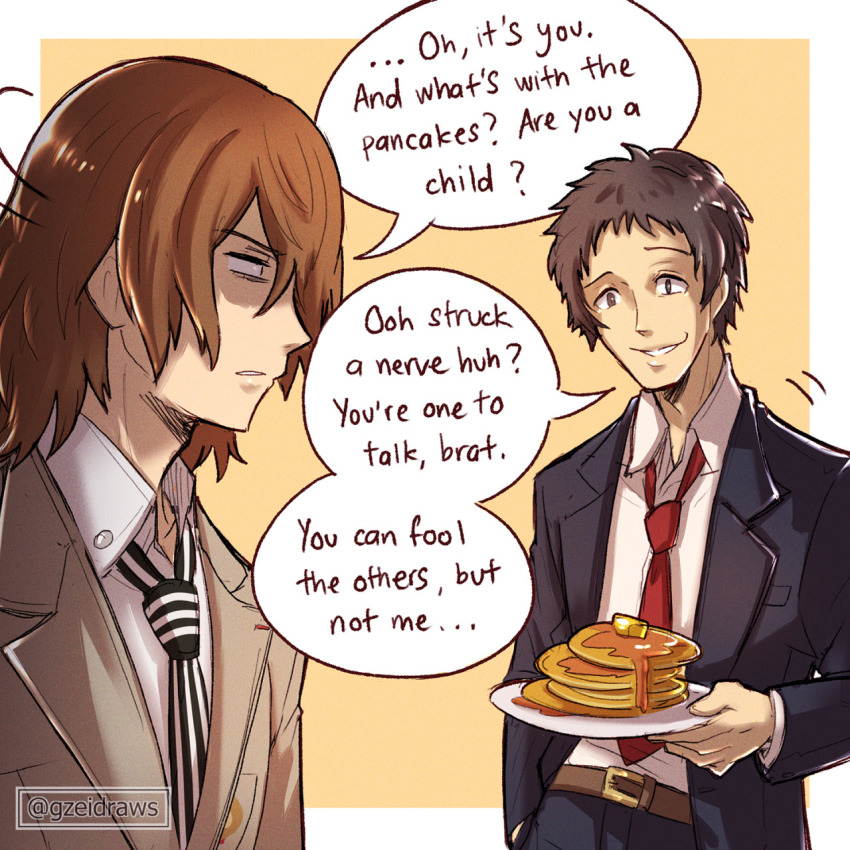 2boys adachi_tooru akechi_gorou black_suit brown_hair business_suit food formal_clothes gzei highres jacket male_focus multiple_boys necktie pancake persona persona_4 persona_5 red_necktie striped_clothes striped_necktie suit suit_jacket vertical-striped_clothes vertical-striped_necktie