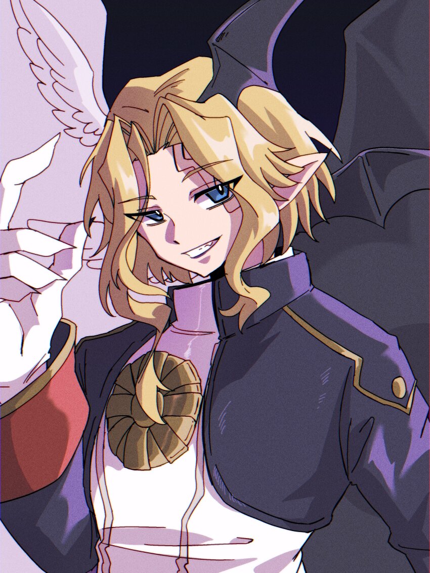 1boy absurdres angel_wings asymmetrical_wings black_background black_wings blonde_hair blue_eyes demon_wings digimon digimon_(creature) feathered_wings head_wings highres lucemon_falldown_mode megane_mochi pointy_ears simple_background solo upper_body white_wings wings