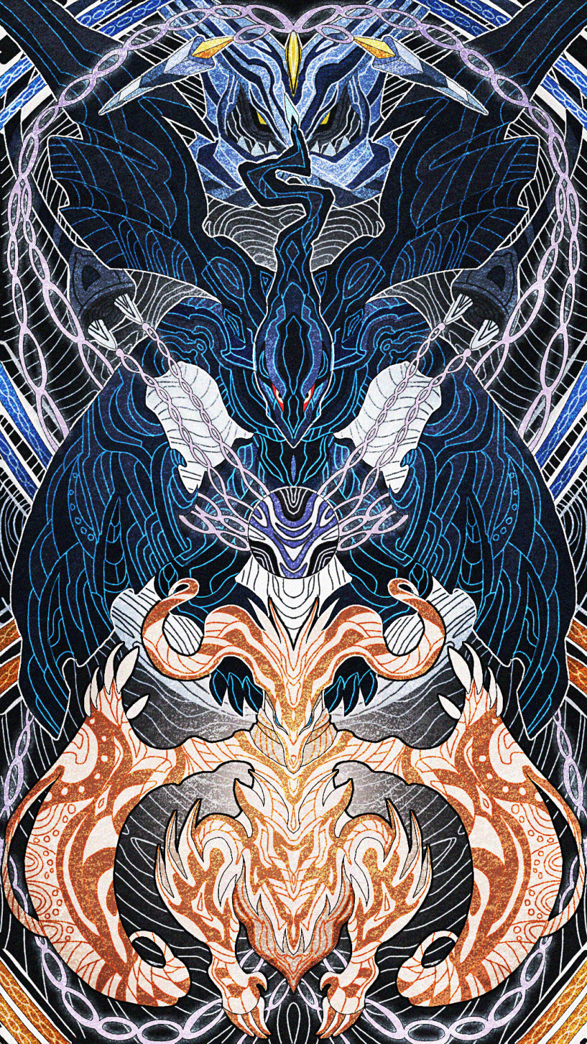 blue_eyes claws colored_sclera commentary_request dna_splicers_(pokemon) dragon dragon_wings gen_5_pokemon highres kyurem legendary_pokemon miyagawa_(maxggguys) nintendo no_humans pokemon pokemon_(creature) pokemon_focus red_sclera reshiram sharp_teeth teeth white_eyes wings yellow_eyes zekrom