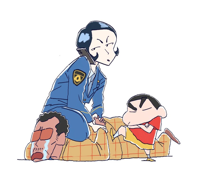 3boys buzz_cut crayon_shin-chan facial_hair formal_clothes highres male_focus multiple_boys nohara_shinnosuke oooori1101 red_shirt shirt short_hair shorts stubble suit takakura_bunta thick_eyebrows very_short_hair yellow_shorts yellow_suit
