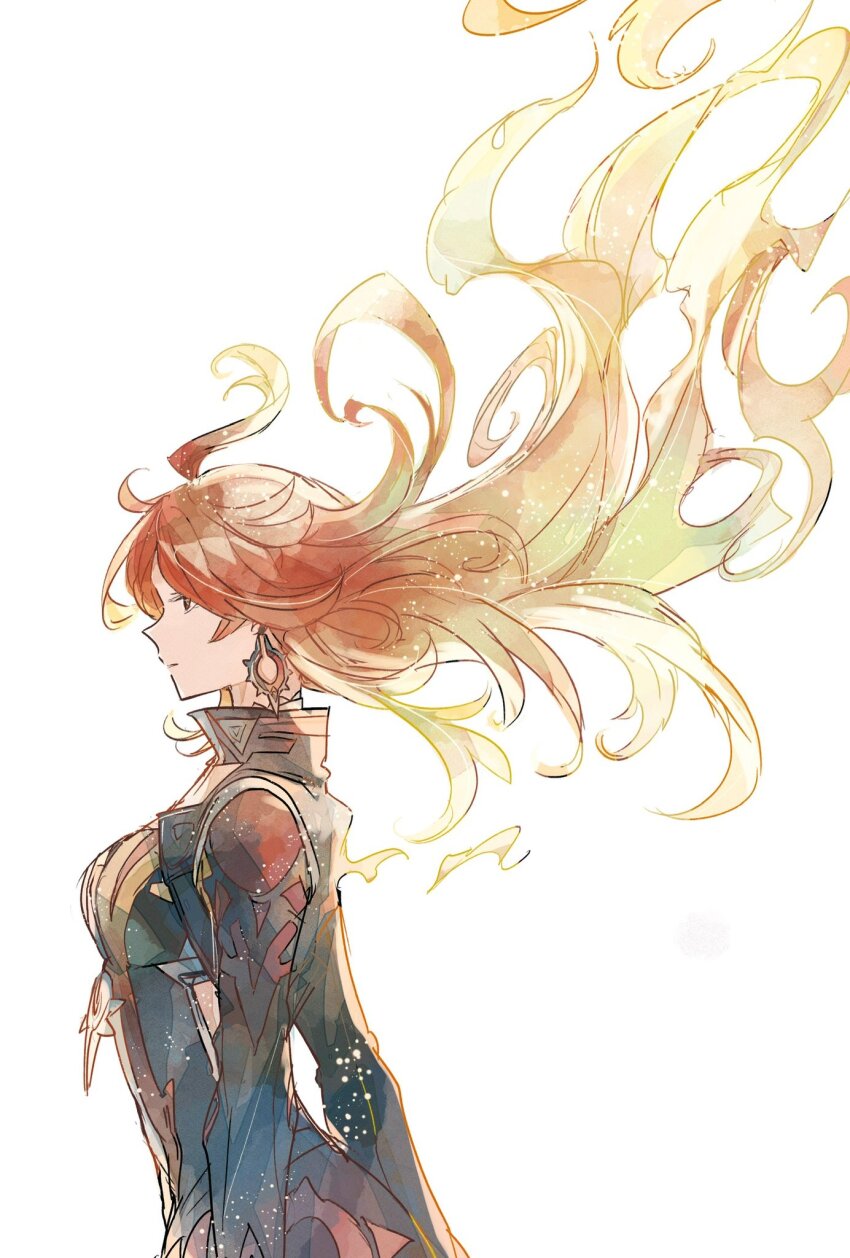 1girl ahoge biker_clothes bikesuit black_bodysuit blonde_hair bodysuit breasts closed_mouth earrings floating_hair genshin_impact gradient_hair highres jewelry long_hair long_sleeves looking_to_the_side mavuika_(genshin_impact) medium_breasts multicolored_hair ottottouta red_eyes red_hair simple_background solo sun_earrings sun_ornament upper_body wavy_hair white_background zipper