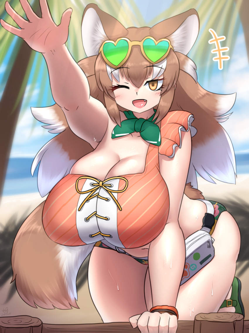 1girl animal_ear_fluff bag beach bikini bow breasts cleavage cloud cloudy_sky curvy eyewear_on_head fang fence green_bow green_footwear handbag highres huge_breasts japanese_wolf_(kemono_friends) kemono_friends kemono_friends_3 light_brown_hair long_hair mo23 multicolored_hair ocean one_eye_closed orange_bikini outstretched_hand palm_tree sky solo sunglasses swimsuit tail thick_thighs thighs tree two-tone_hair white_hair wolf_girl wolf_tail wooden_fence