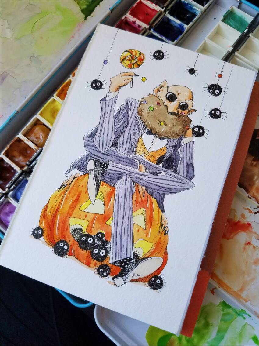 1boy bald beard brown_hair candy commentary english_commentary facial_hair food full_body highres holding holding_candy holding_food holding_lollipop inktober kamajii lollipop long_beard looking_at_viewer orange_vest painting_(medium) paint_palette penelope_paws pumpkin round_eyewear sen_to_chihiro_no_kamikakushi sunglasses susuwatari traditional_media vertical-striped_suit vest watercolor_(medium)
