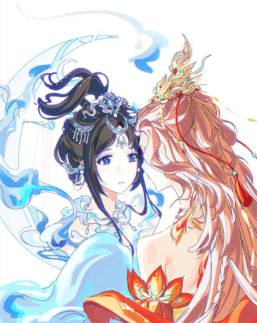 2girls bare_shoulders black_hair blue_eyes blue_eyeshadow blue_hanfu braid chinese_clothes circlet crescent crown detached_collar dot_nose earrings eyeshadow face-to-face feather_hair_ornament feathers gold_crown hair_ornament hair_rings hanfu high_ponytail highres jewelry jintianshigehaotianqine long_hair long_sleeves looking_at_another makeup mirrored_bright_moon_(shining_nikki) multiple_braids multiple_girls necklace nikki_(series) off_shoulder parted_lips pink_hair ponytail red_shawl shawl shining_nikki short_hair_with_long_locks short_ponytail shoulder_blades simple_background sleeves_past_fingers sleeves_past_wrists smoke sun_falls_on_9_crows_(shining_nikki) tassel tassel_hair_ornament updo upper_body white_background wide_sleeves yellow_hanfu